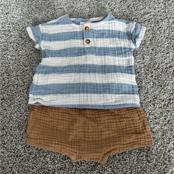 Cat & Jack Baby Boy Spring Outfit striped Shirt Brown Shorts Size 0-3 Months - Picture 2 of 6